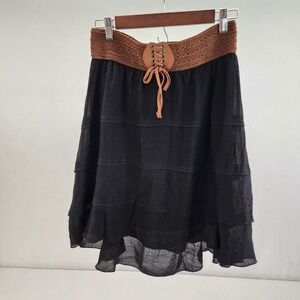 By & By‎ Black Tiered Skirt Brown Crochet Lace Up Waist Boho Festival Medium